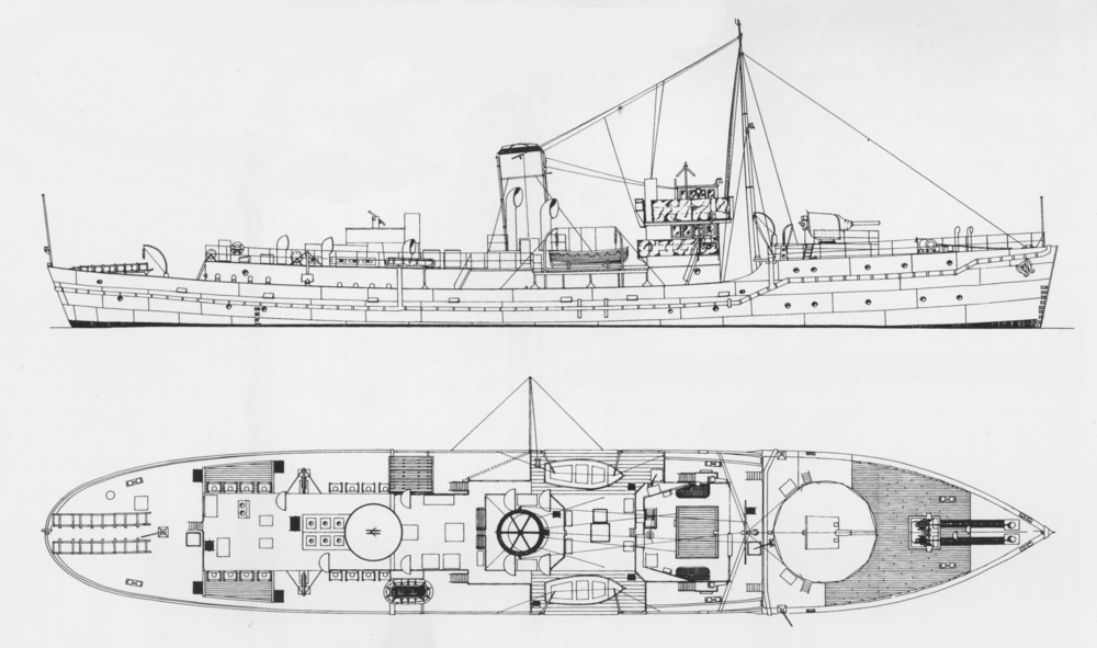 Naval architect's drawing of a Flower Class Corvette